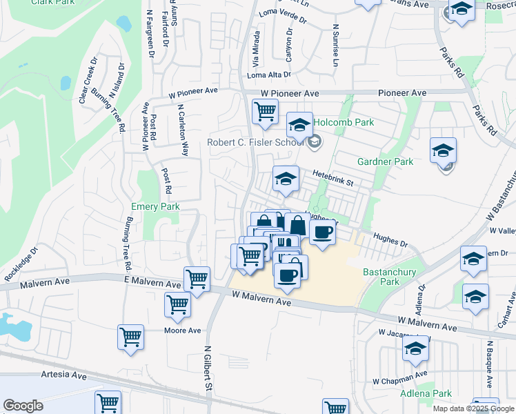 map of restaurants, bars, coffee shops, grocery stores, and more near 1108 Jewett Drive in Fullerton
