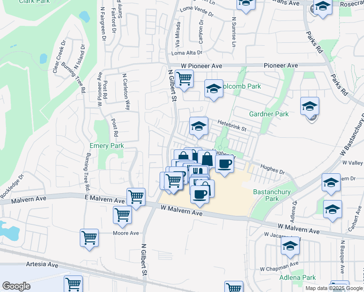 map of restaurants, bars, coffee shops, grocery stores, and more near 1134 Elfstrom Drive in Fullerton
