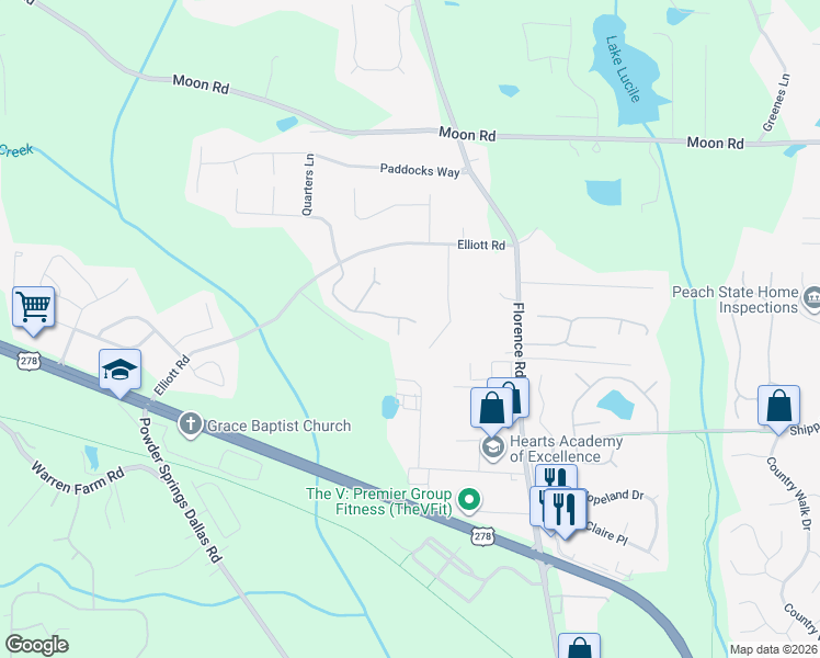 map of restaurants, bars, coffee shops, grocery stores, and more near 5303 Yoshino Terrace in Powder Springs