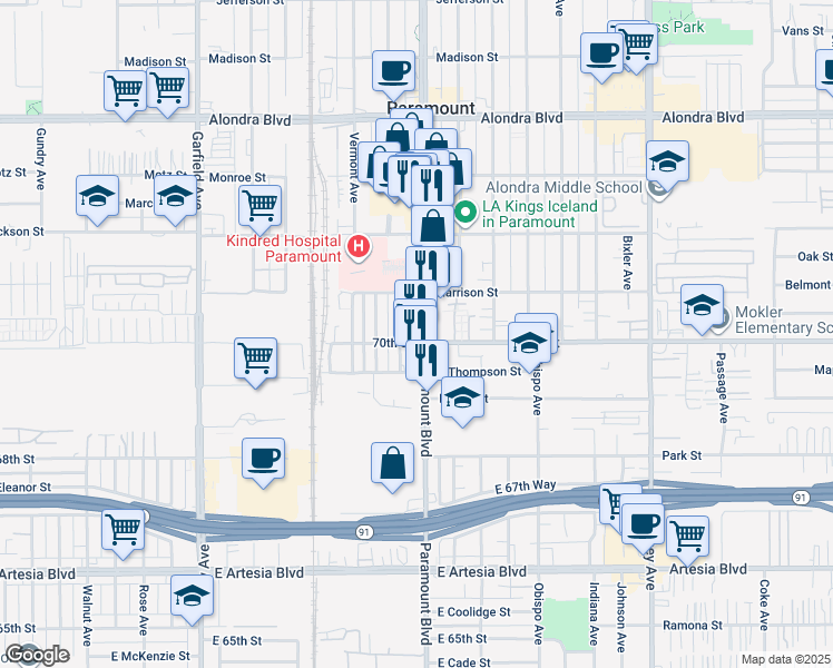 map of restaurants, bars, coffee shops, grocery stores, and more near 16675 Paramount Boulevard in Paramount