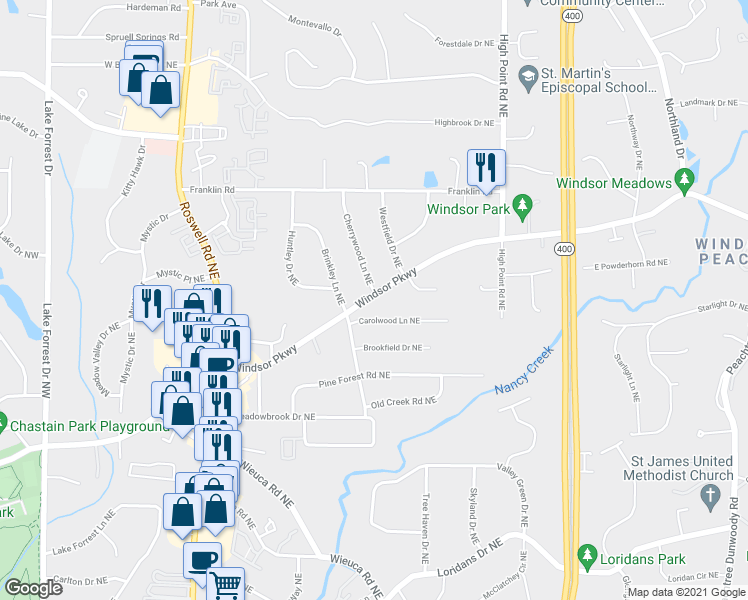 map of restaurants, bars, coffee shops, grocery stores, and more near 425 Windsor Parkway Northeast in Atlanta