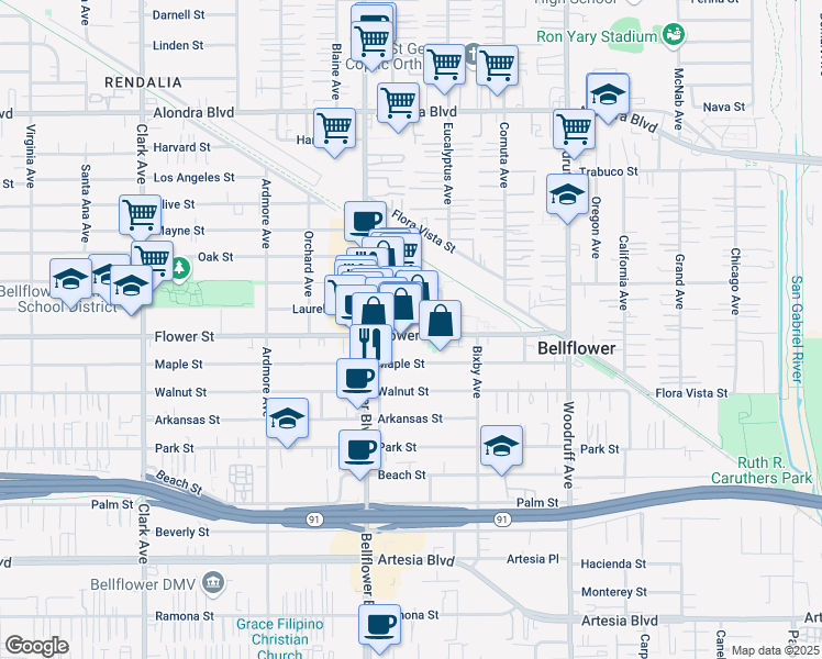 map of restaurants, bars, coffee shops, grocery stores, and more near in Bellflower