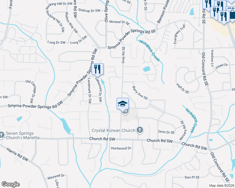 map of restaurants, bars, coffee shops, grocery stores, and more near 2932 Gray Road in Smyrna