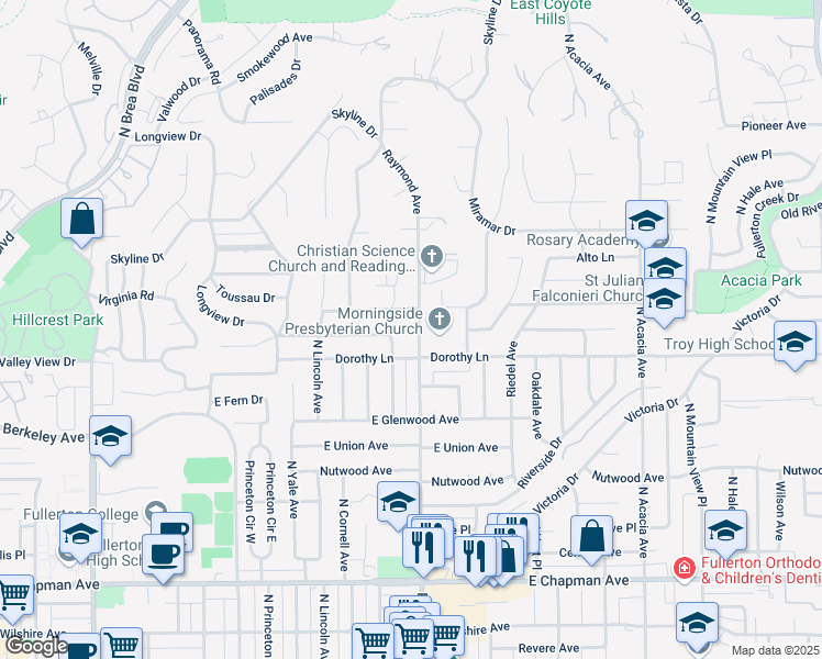 map of restaurants, bars, coffee shops, grocery stores, and more near 1219 North Raymond Avenue in Fullerton