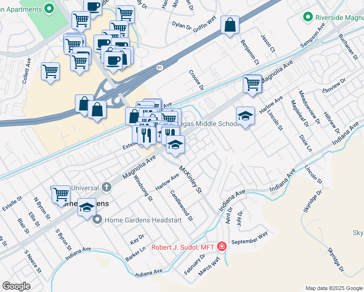 map of restaurants, bars, coffee shops, grocery stores, and more near 13042 Avenue Pescador in Riverside