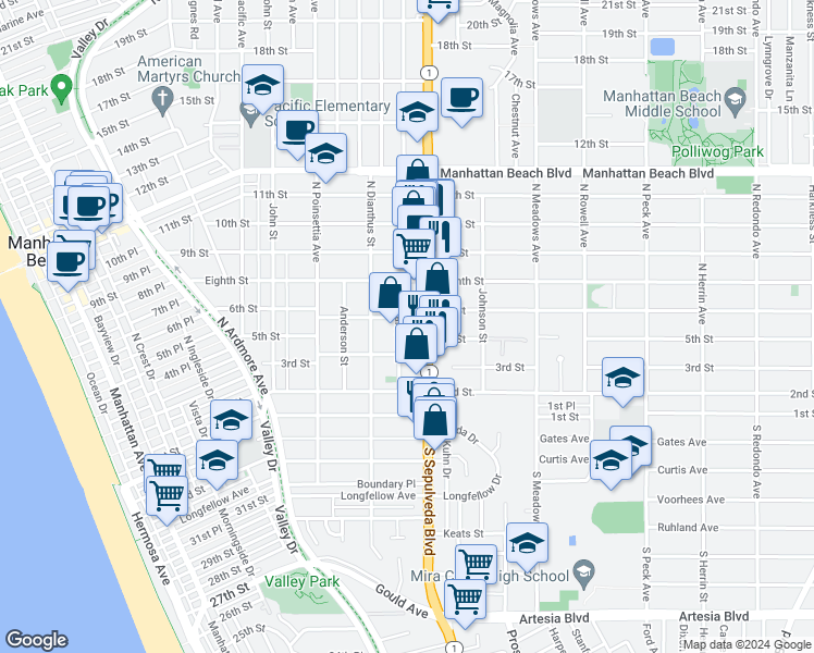 map of restaurants, bars, coffee shops, grocery stores, and more near 508 Larsson Street in Manhattan Beach