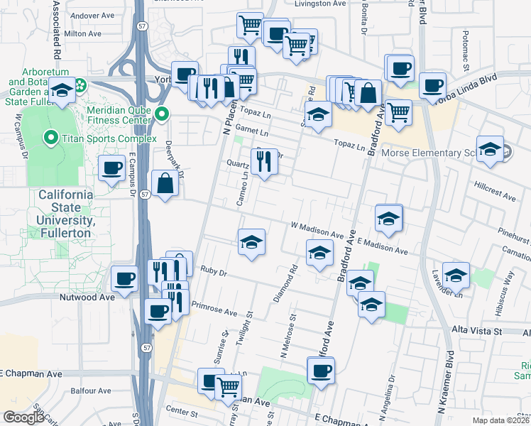 map of restaurants, bars, coffee shops, grocery stores, and more near 525 West Madison Avenue in Placentia