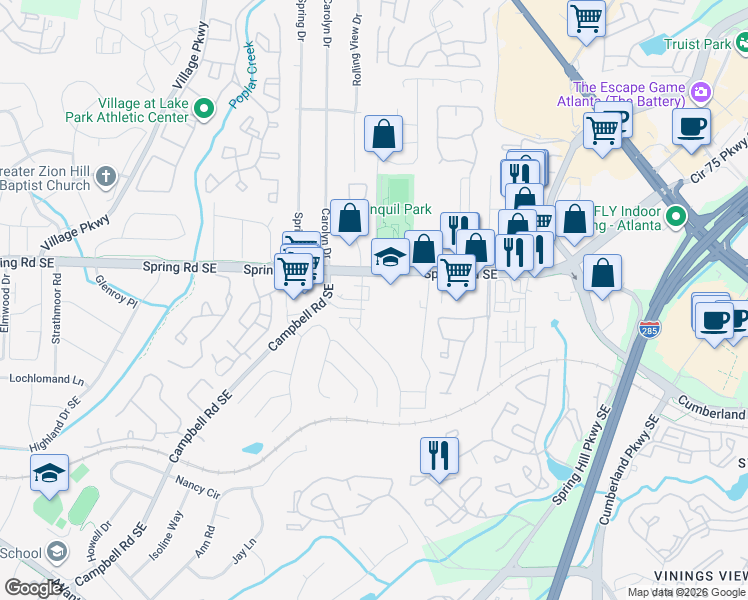 map of restaurants, bars, coffee shops, grocery stores, and more near 2374 Spring Road Southeast in Smyrna