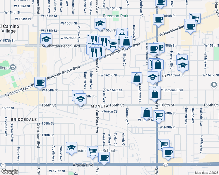 map of restaurants, bars, coffee shops, grocery stores, and more near 16327 Wilton Place in Torrance