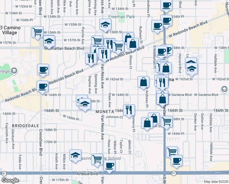 map of restaurants, bars, coffee shops, grocery stores, and more near 16327 Wilton Place in Torrance