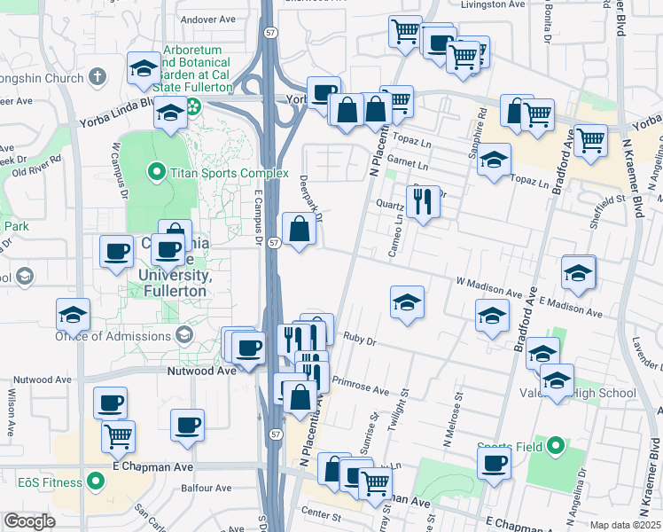 map of restaurants, bars, coffee shops, grocery stores, and more near West Madison Avenue in Fullerton