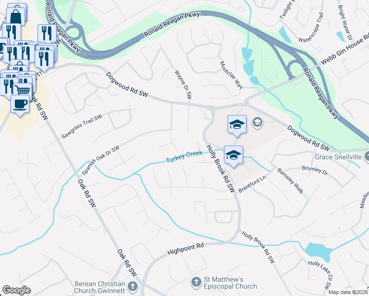 map of restaurants, bars, coffee shops, grocery stores, and more near 1202 Holly Hills Drive Southwest in Lilburn