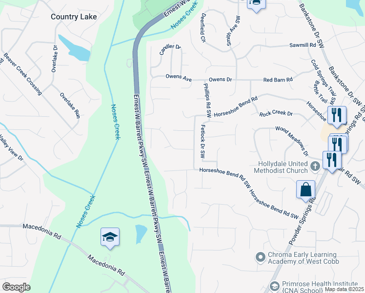 map of restaurants, bars, coffee shops, grocery stores, and more near 2706 Horseshoe Creek Drive in Marietta