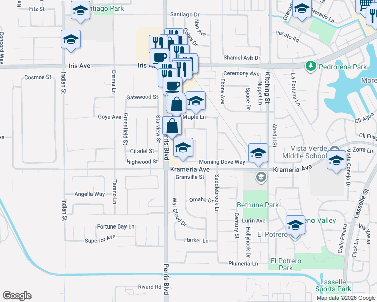 map of restaurants, bars, coffee shops, grocery stores, and more near 16459 Silverbirch Road in Moreno Valley