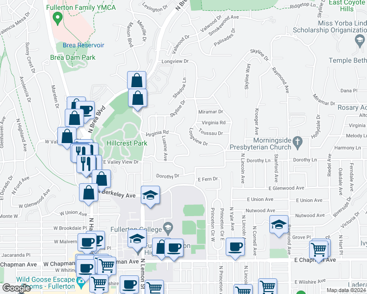 map of restaurants, bars, coffee shops, grocery stores, and more near 1219 Sheppard Drive in Fullerton