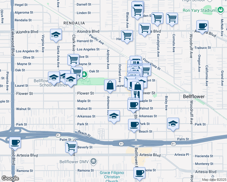 map of restaurants, bars, coffee shops, grocery stores, and more near 9628 Flower Street in Bellflower