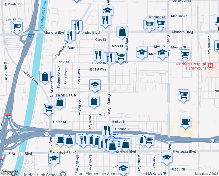 map of restaurants, bars, coffee shops, grocery stores, and more near 7011 Orange Avenue in Long Beach