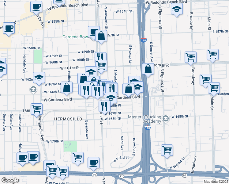 map of restaurants, bars, coffee shops, grocery stores, and more near 16420 South Ainsworth Street in Gardena
