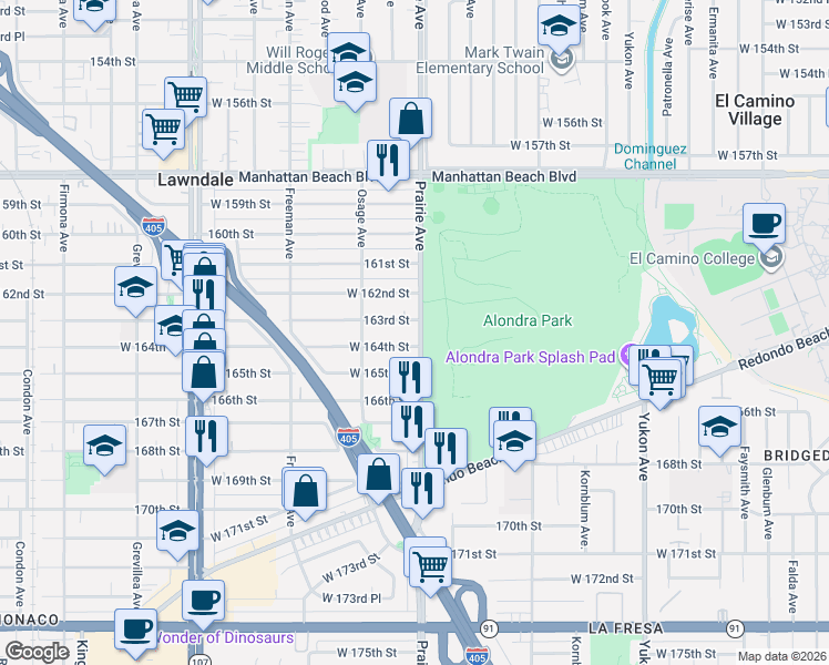 map of restaurants, bars, coffee shops, grocery stores, and more near in Lawndale