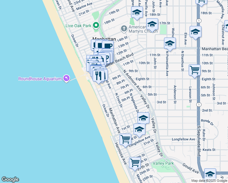 map of restaurants, bars, coffee shops, grocery stores, and more near 221 7th Place in Manhattan Beach