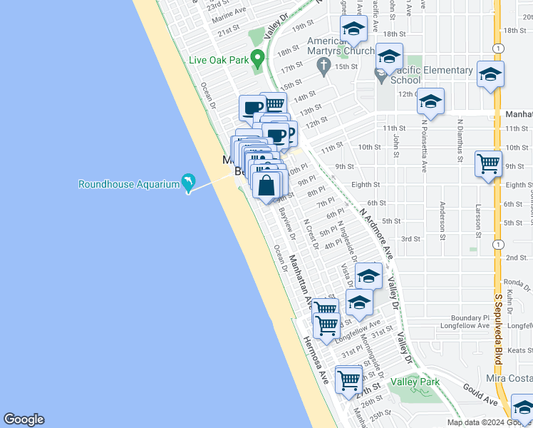 map of restaurants, bars, coffee shops, grocery stores, and more near 129 Eighth Street in Manhattan Beach