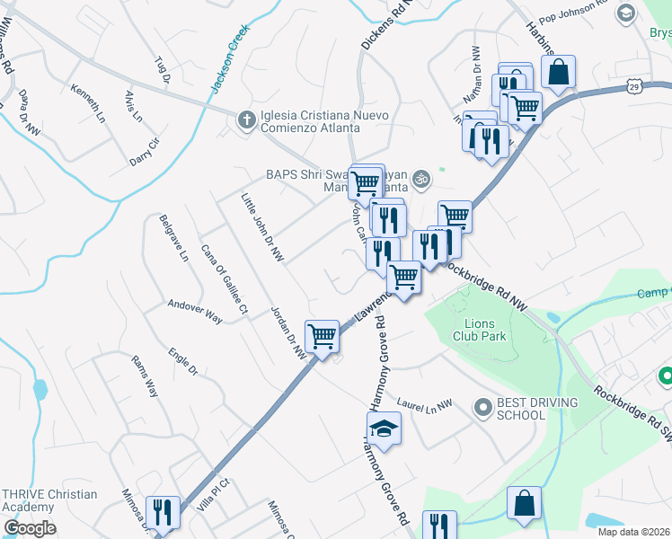 map of restaurants, bars, coffee shops, grocery stores, and more near 5727 Grove Farm Court Northwest in Lilburn
