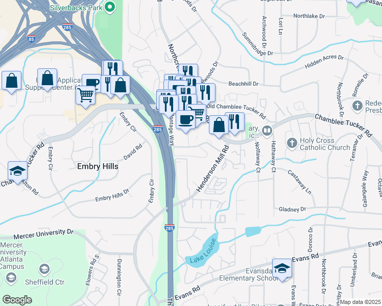map of restaurants, bars, coffee shops, grocery stores, and more near 3304 Henderson Mill Road in Chamblee
