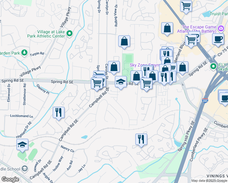 map of restaurants, bars, coffee shops, grocery stores, and more near 2340 Campbell Road Southeast in Smyrna