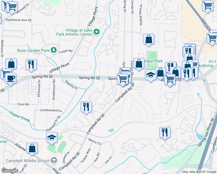 map of restaurants, bars, coffee shops, grocery stores, and more near 605 Countryside Place in Smyrna