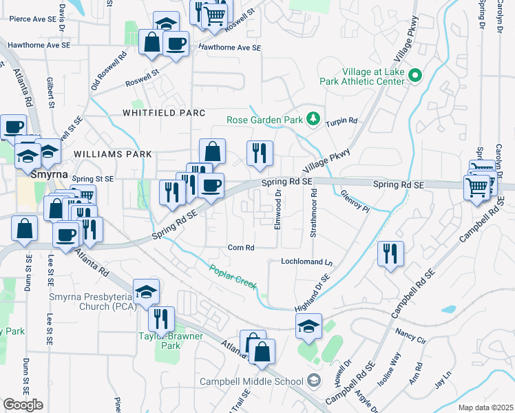 map of restaurants, bars, coffee shops, grocery stores, and more near 506 Spring Heights Lane in Smyrna