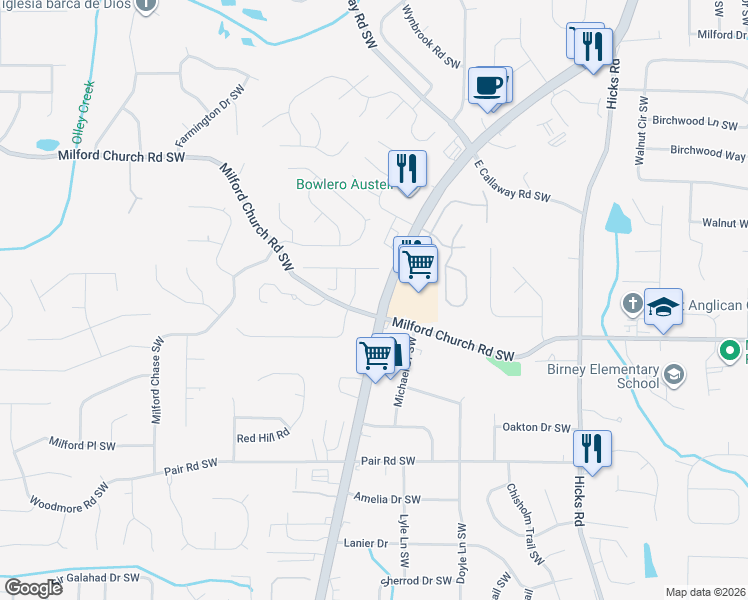 map of restaurants, bars, coffee shops, grocery stores, and more near 1172 Milford Church Road Southwest in Marietta