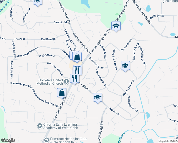map of restaurants, bars, coffee shops, grocery stores, and more near 2179 Sandell Trail Southwest in Marietta