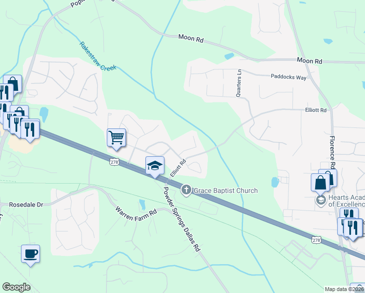 map of restaurants, bars, coffee shops, grocery stores, and more near 1109 Silverbrook Drive in Powder Springs