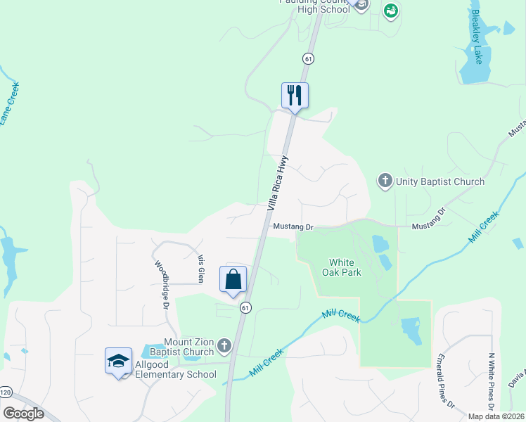 map of restaurants, bars, coffee shops, grocery stores, and more near 2052 Villa Rica Highway in Dallas