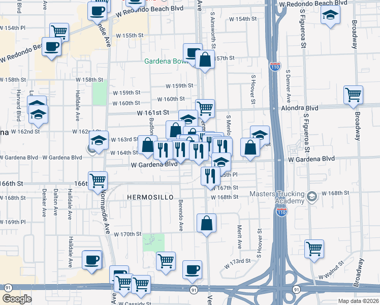 map of restaurants, bars, coffee shops, grocery stores, and more near 1049 West Gardena Boulevard in Gardena