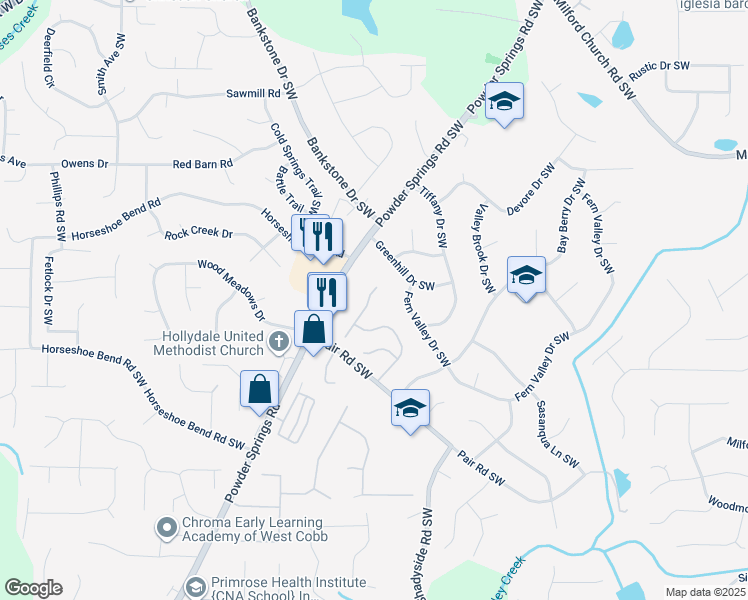 map of restaurants, bars, coffee shops, grocery stores, and more near 2179 Sandell Trail Southwest in Marietta