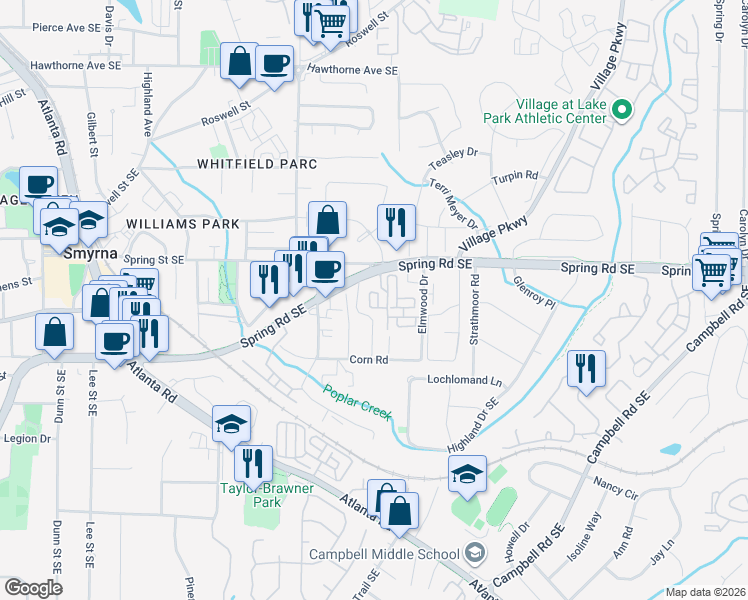 map of restaurants, bars, coffee shops, grocery stores, and more near 307 Spring Heights Lane in Smyrna