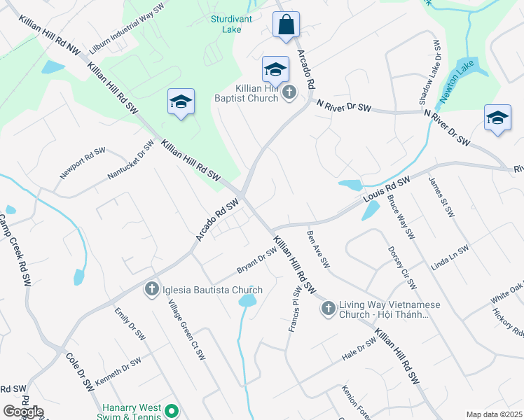 map of restaurants, bars, coffee shops, grocery stores, and more near 4374 Sophie Place Southwest in Lilburn