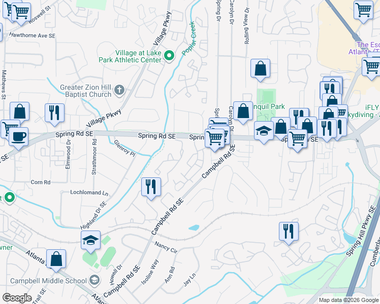 map of restaurants, bars, coffee shops, grocery stores, and more near 501 Country Park Drive in Smyrna