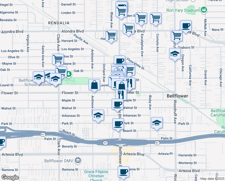 map of restaurants, bars, coffee shops, grocery stores, and more near 9733 Flower Street in Bellflower