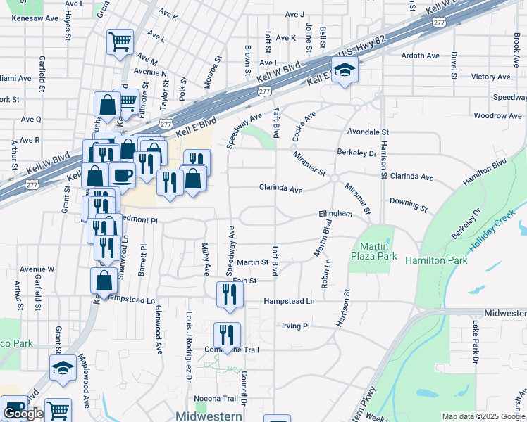 map of restaurants, bars, coffee shops, grocery stores, and more near 2405 Dartmouth Street in Wichita Falls