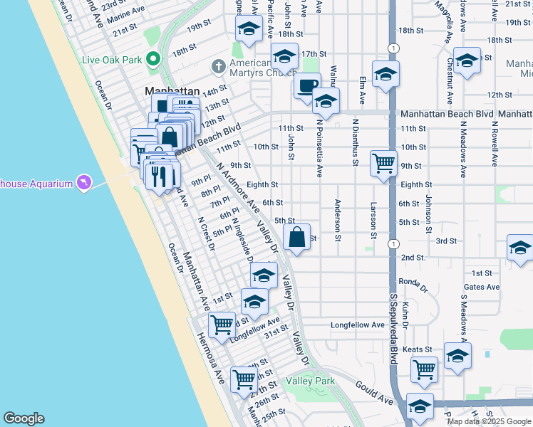 map of restaurants, bars, coffee shops, grocery stores, and more near 537 5th Street in Manhattan Beach