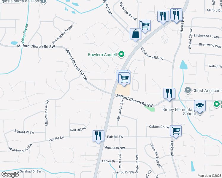 map of restaurants, bars, coffee shops, grocery stores, and more near 1172 Milford Church Road Southwest in Marietta