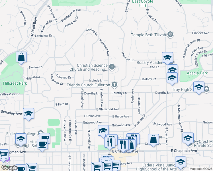 map of restaurants, bars, coffee shops, grocery stores, and more near 1219 North Raymond Avenue in Fullerton