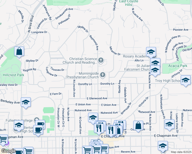 map of restaurants, bars, coffee shops, grocery stores, and more near 1219 North Raymond Avenue in Fullerton
