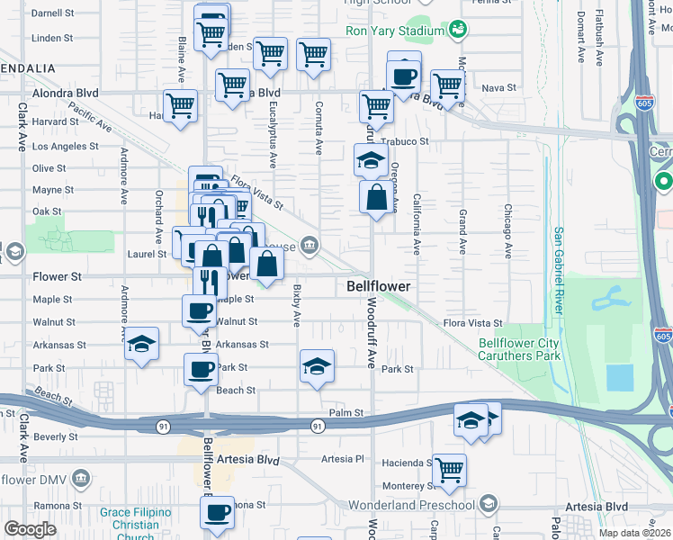 map of restaurants, bars, coffee shops, grocery stores, and more near 10055 Flower Street in Bellflower