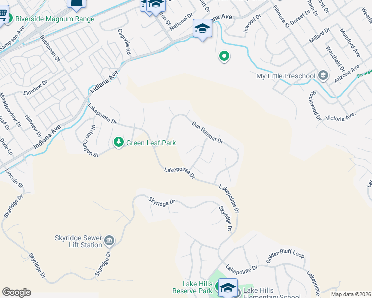 map of restaurants, bars, coffee shops, grocery stores, and more near 16353 East Peak Court in Riverside