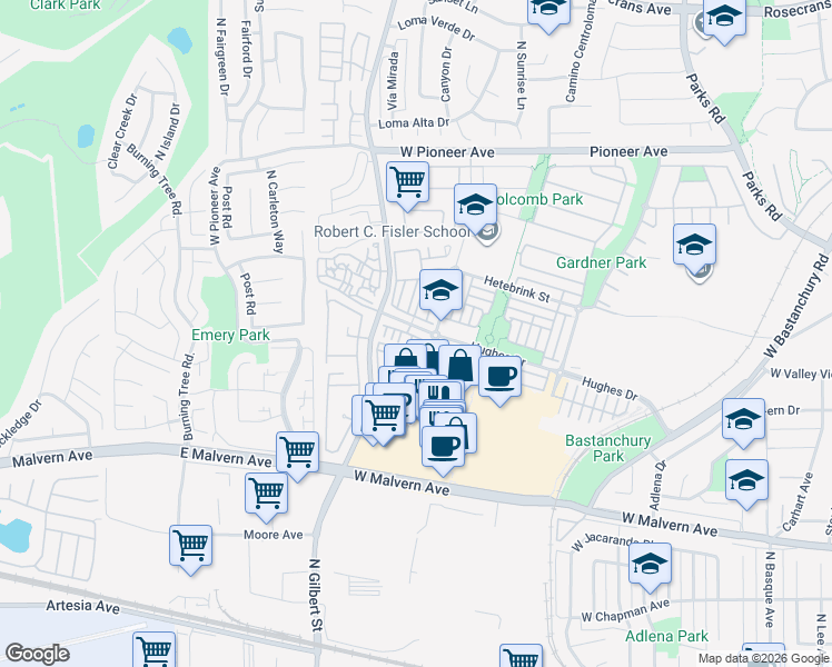 map of restaurants, bars, coffee shops, grocery stores, and more near 2245 Chaffee Street in Fullerton