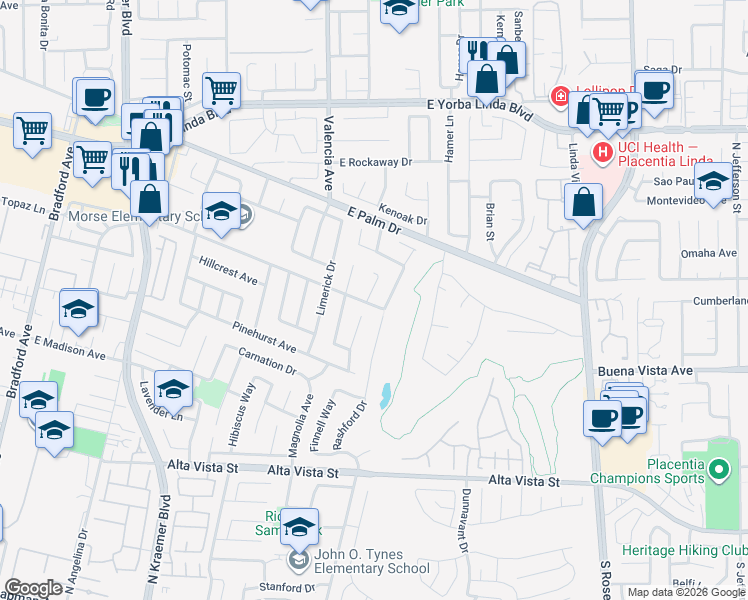 map of restaurants, bars, coffee shops, grocery stores, and more near 1234 Verona Place in Placentia