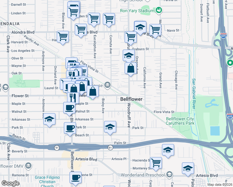 map of restaurants, bars, coffee shops, grocery stores, and more near 10055 Flower Street in Bellflower